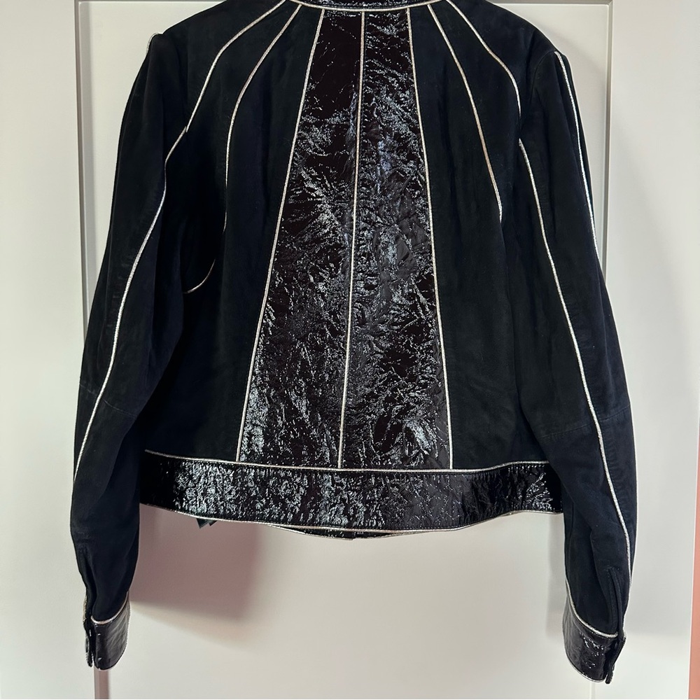 7 For All Mankind Black and White Leather Jacket with Architectural Stitching - Picture 11 of 14